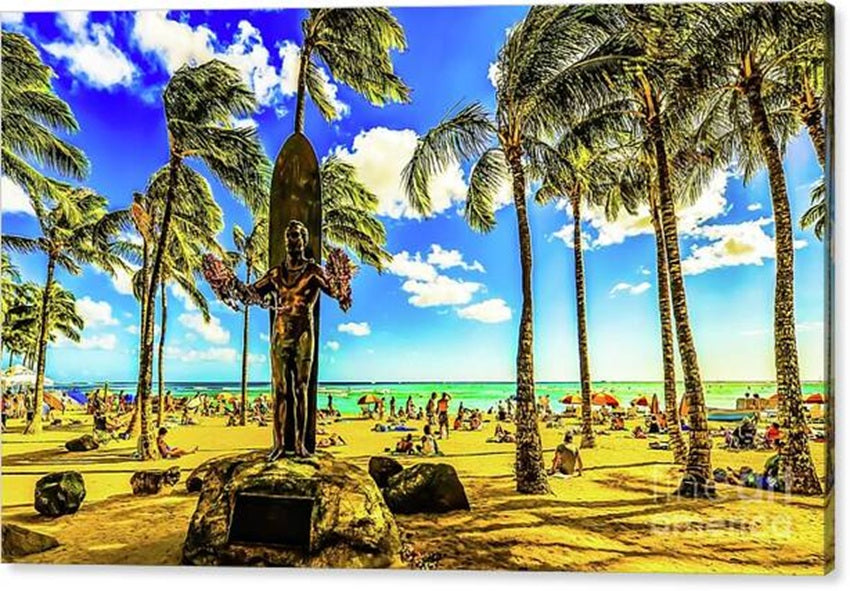 Duke Paoa Kahanamoku Statue — Olympic Swim Champion — Waikiki Beach Canvas Print by D Davila — 48x28.5 Gallery Wrap