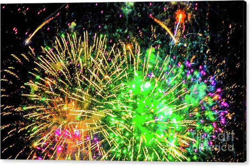 Fireworks Vibrant Night Display Canvas Print by D Davila — Waikiki, Oahu, Hawaii