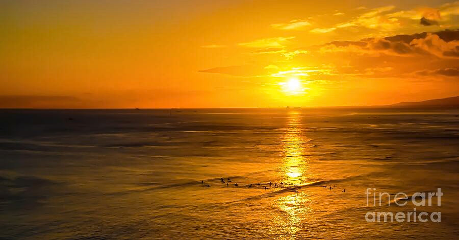 Golden Sunset Surfing Waikiki // Canvas Print by D Davila