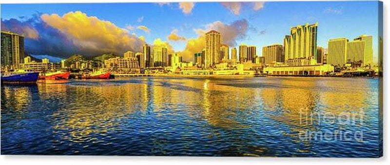 Skyline - Honolulu, Hawaii - Honolulu Harbor Canvas Print – 36x13 Gallery Wrap